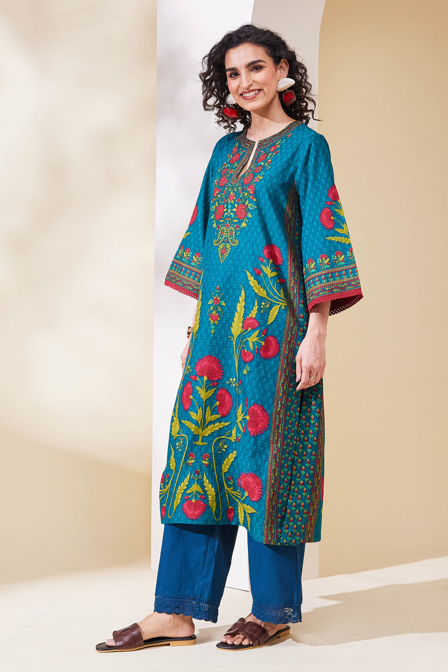 Teal Blue Cotton Printed Straight Kurta - image 3