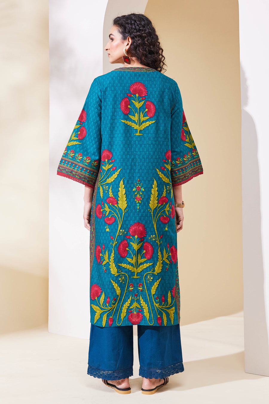 Teal Blue Cotton Printed Straight Kurta - image 4