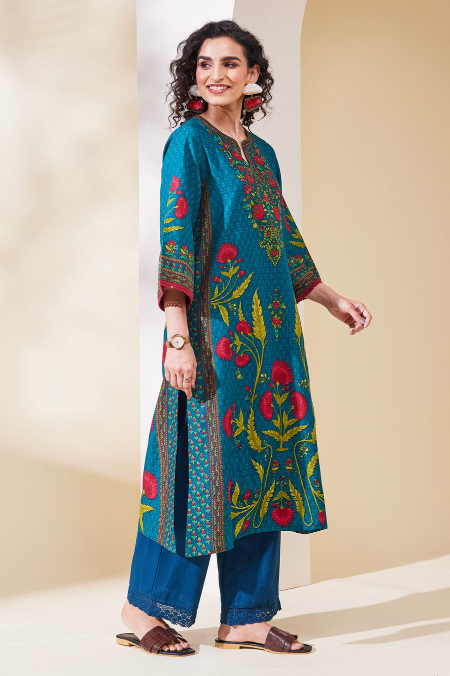 Teal Blue Cotton Printed Straight Kurta - image 5