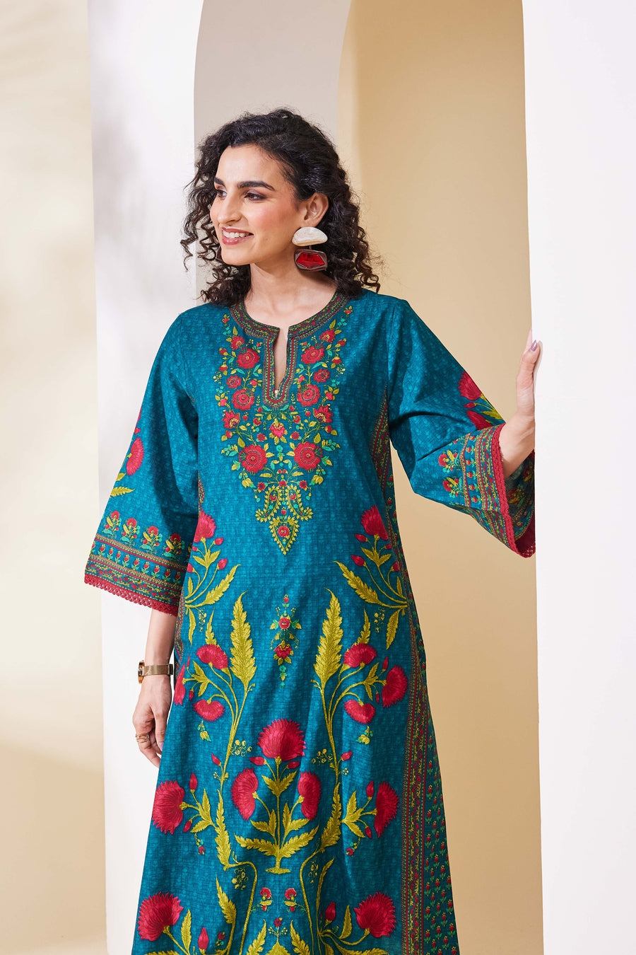 Teal Blue Cotton Printed Straight Kurta - image 6