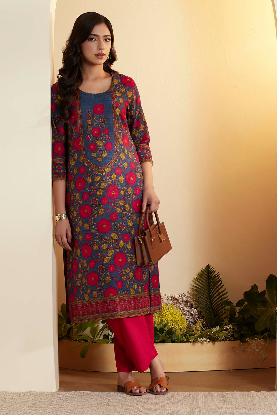 Indigo Blue Cotton Floral Printed Straight Kurta