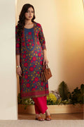 Indigo Blue Cotton Floral Printed Straight Kurta