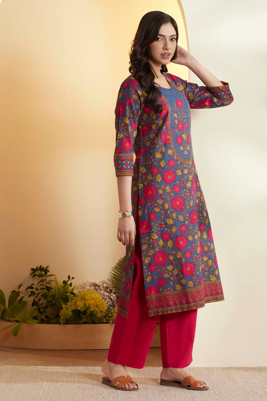 Indigo Blue Cotton Floral Printed Straight Kurta - image 4