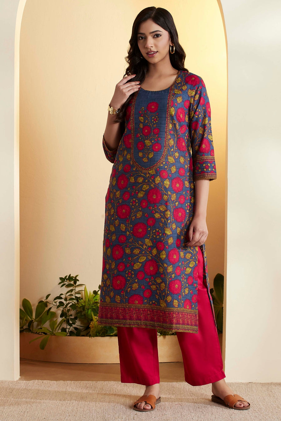 Indigo Blue Cotton Floral Printed Straight Kurta - image 6