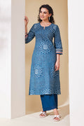 Teal Cotton Straight Kurta