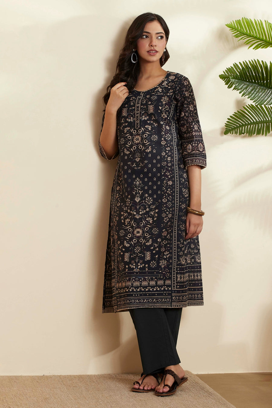 Black Cotton Printed Straight Kurta
