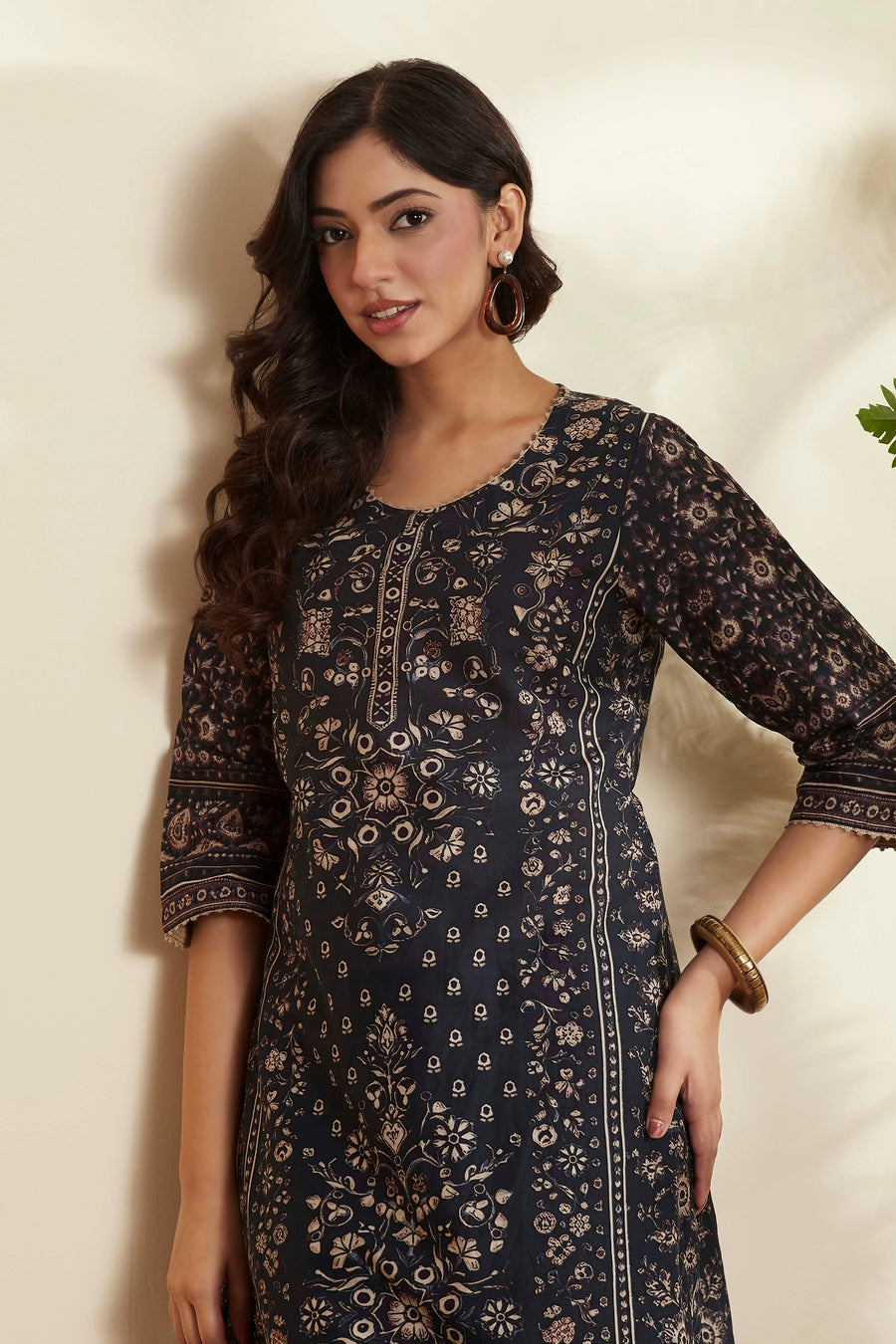 Black Cotton Printed Straight Kurta - image 2