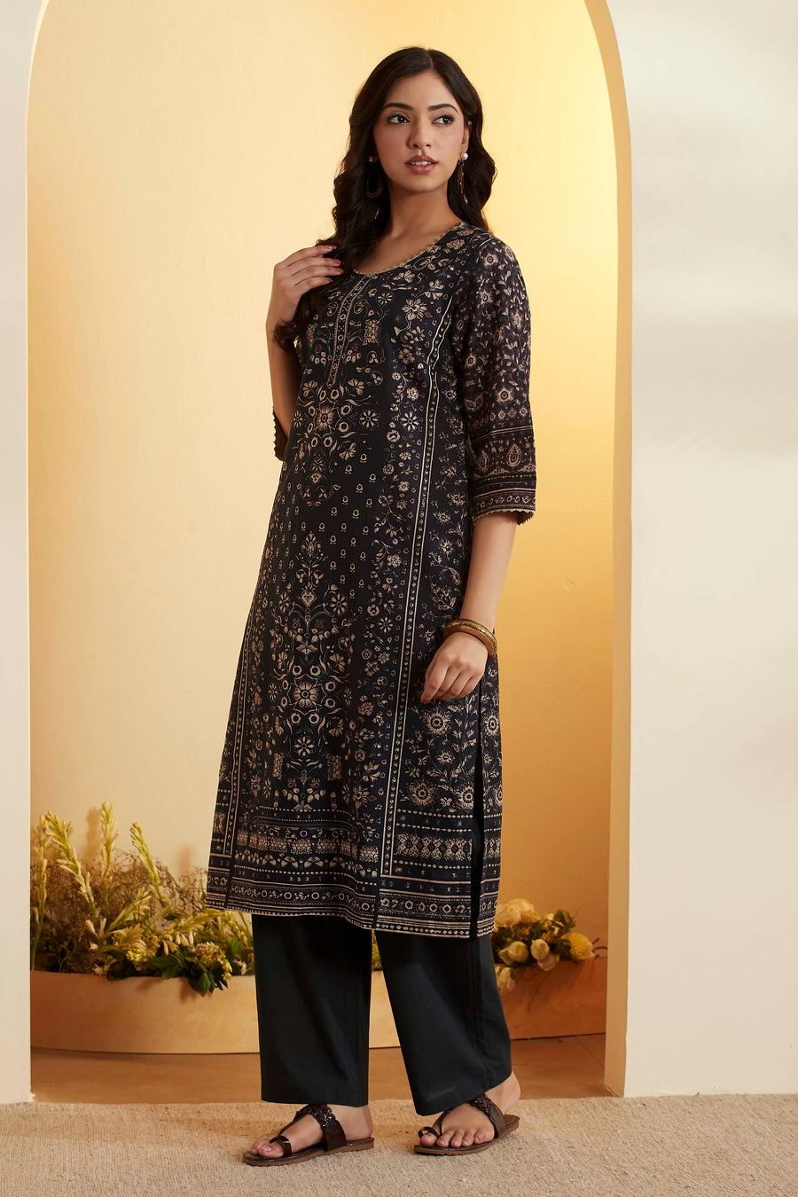 Black Cotton Printed Straight Kurta - image 3