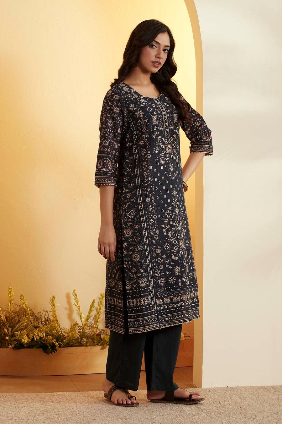 Black Cotton Printed Straight Kurta - image 4
