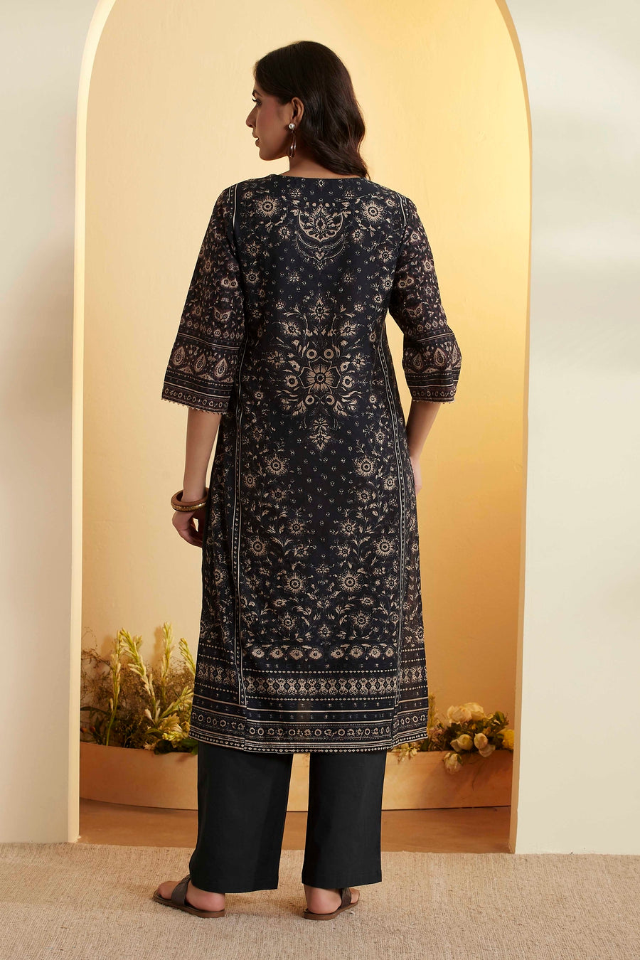 Black Cotton Printed Straight Kurta - image 5