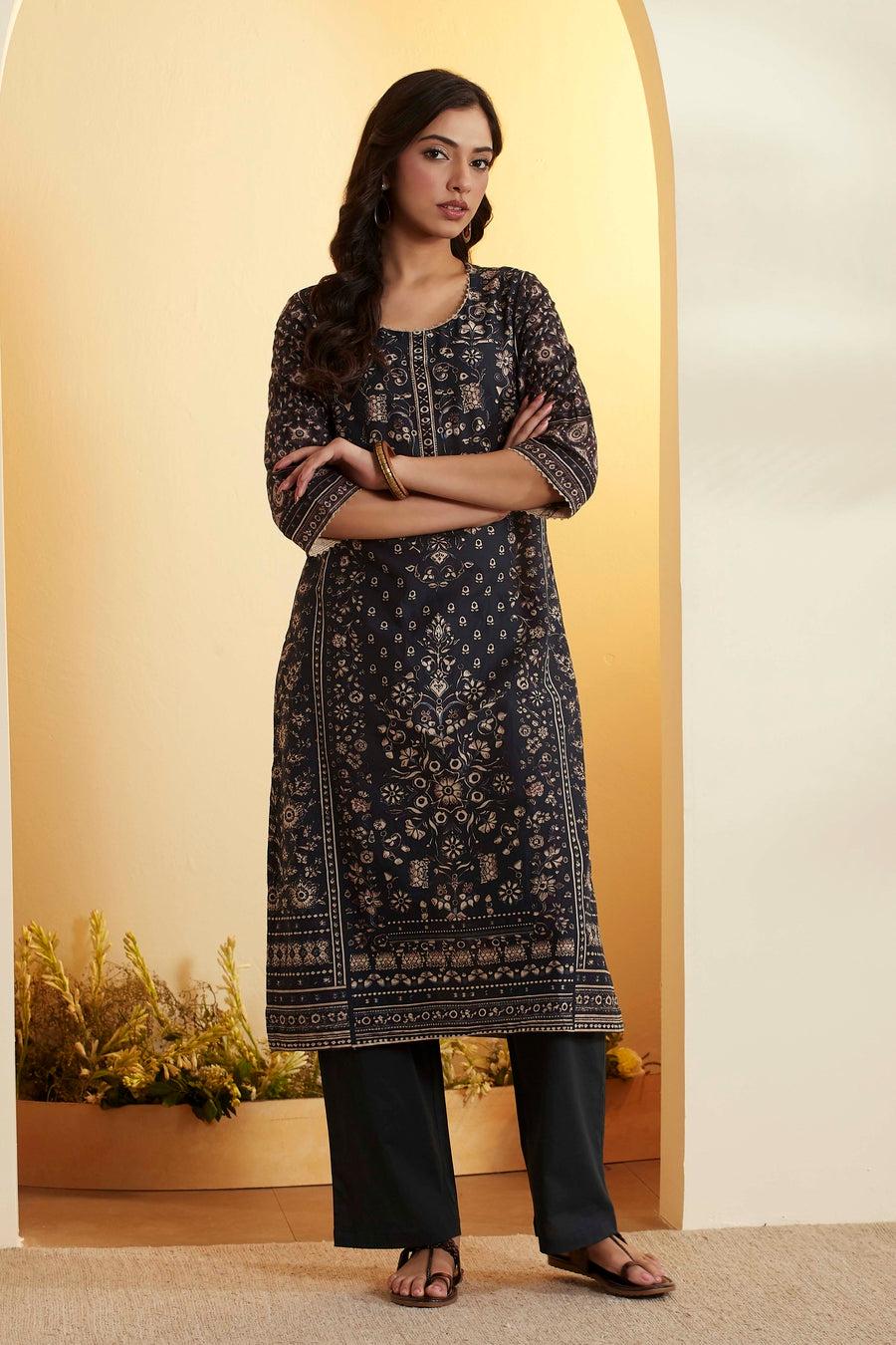 Black Cotton Printed Straight Kurta - image 6