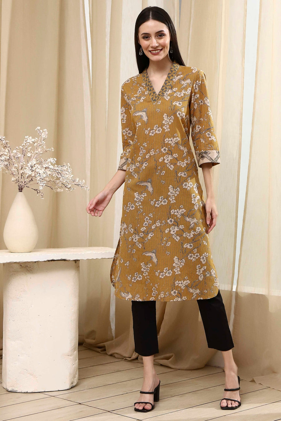 Mustard Yellow Cotton Printed Straight Kurta