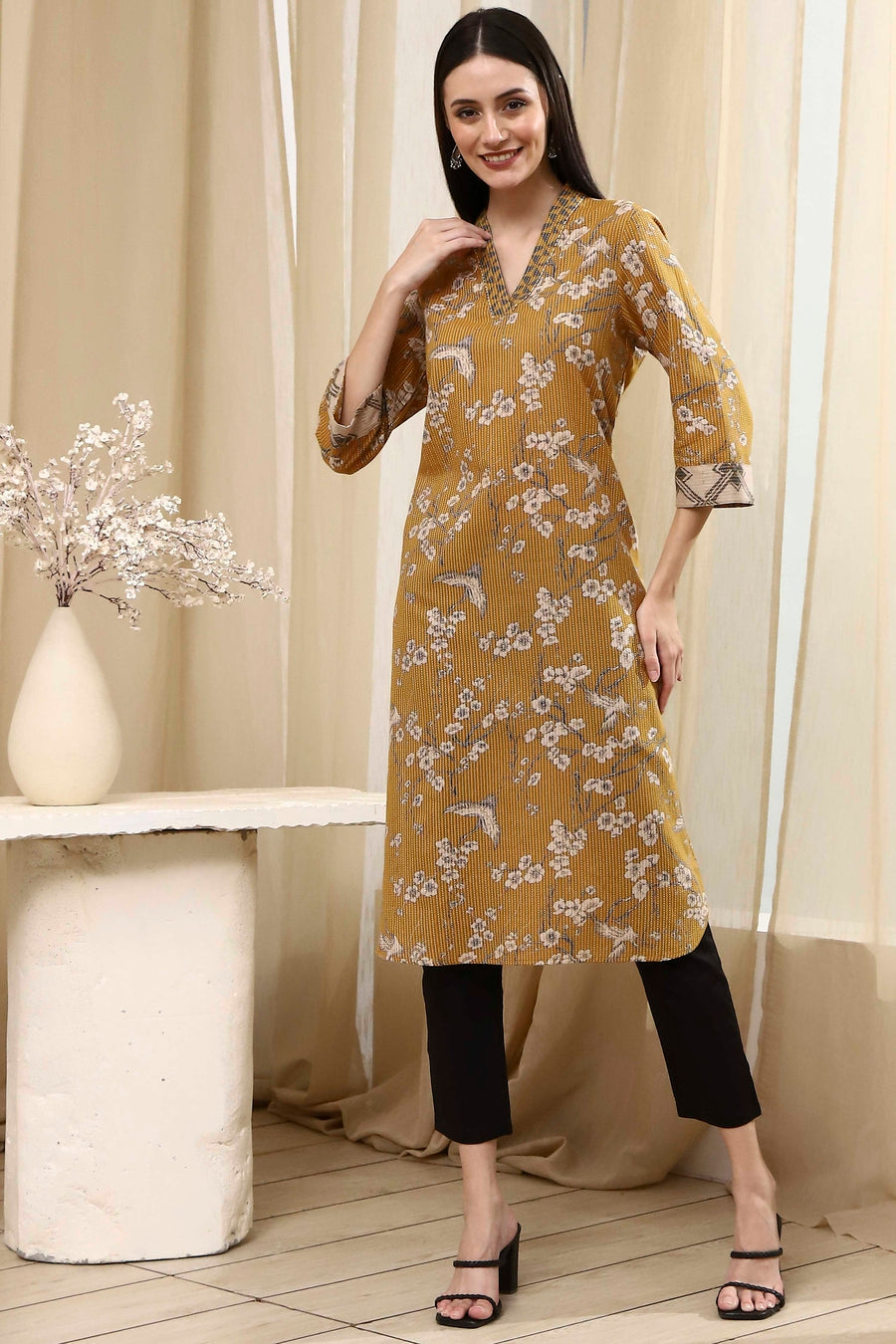 Mustard Yellow Cotton Printed Straight Kurta - image 3