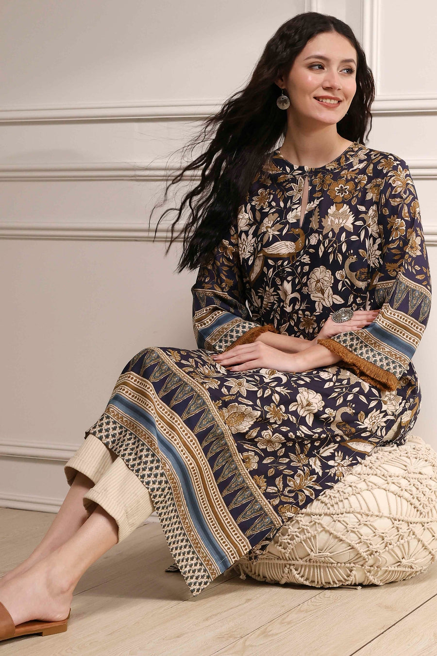Navy Blue Printed Straight Kurta
