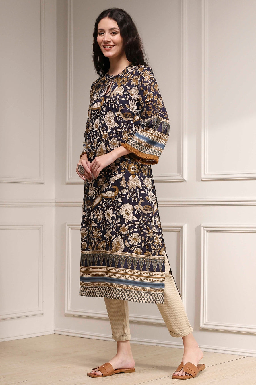 Navy Blue Printed Straight Kurta - image 3