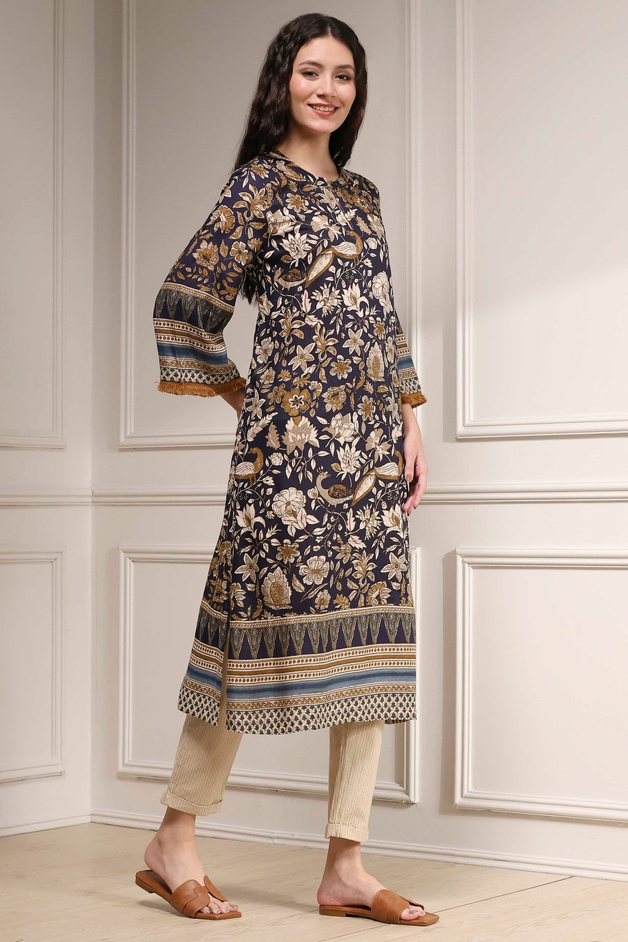 Navy Blue Printed Straight Kurta - image 5