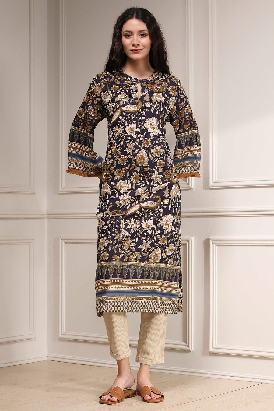 Navy Blue Printed Straight Kurta - image 6
