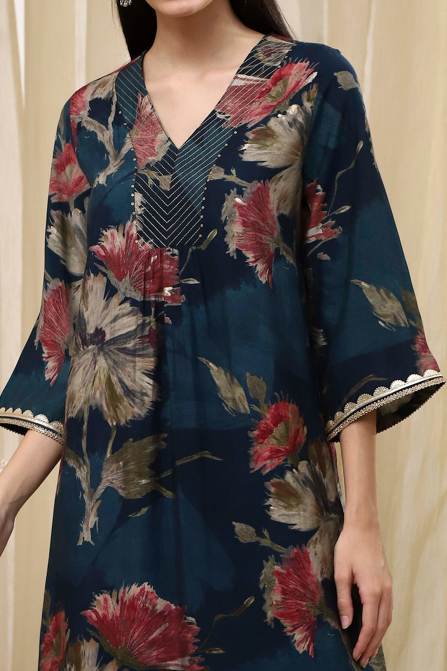 Navy Blue Floral Printed Straight Kurta - image 2