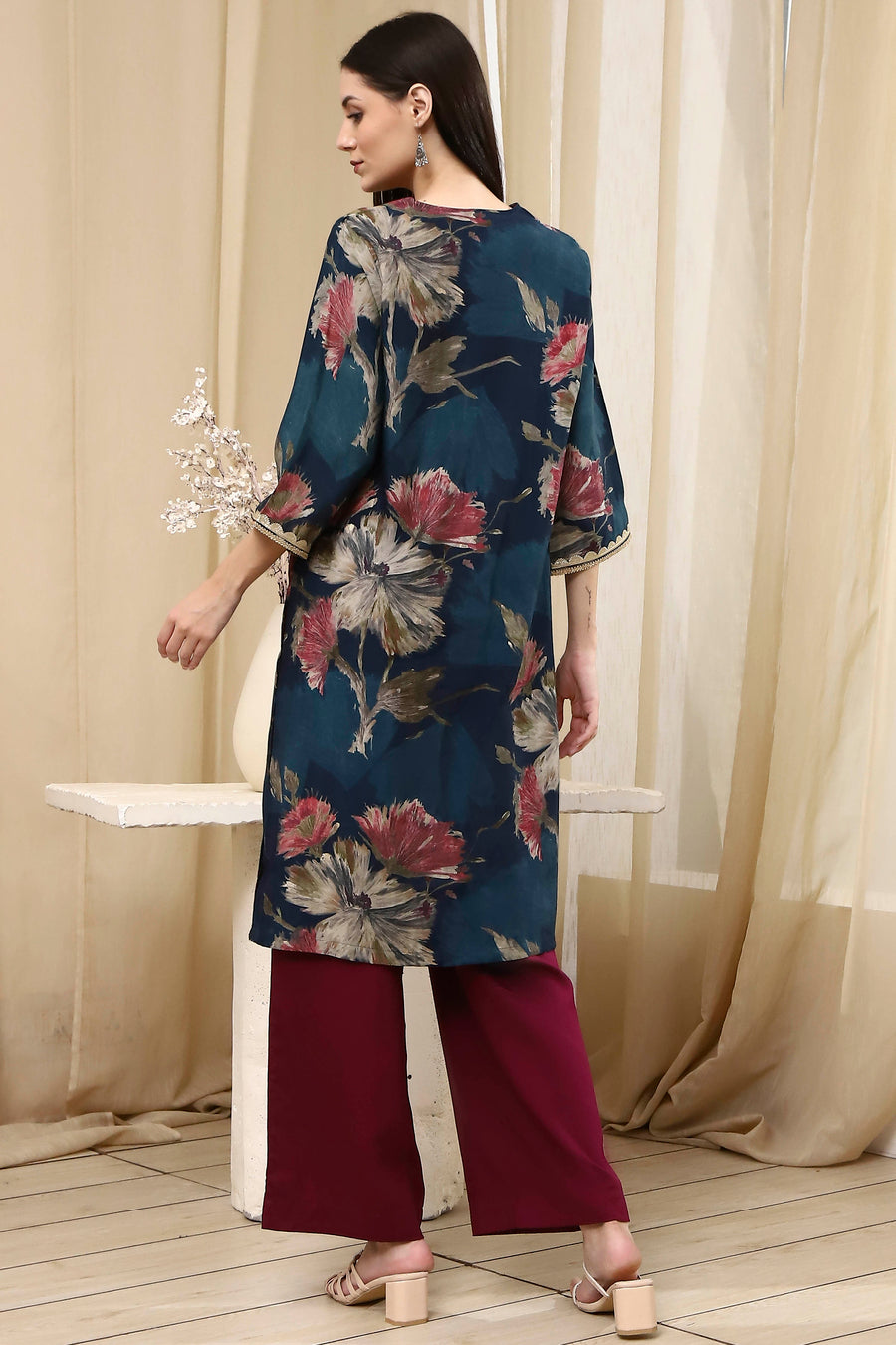Navy Blue Floral Printed Straight Kurta - image 4