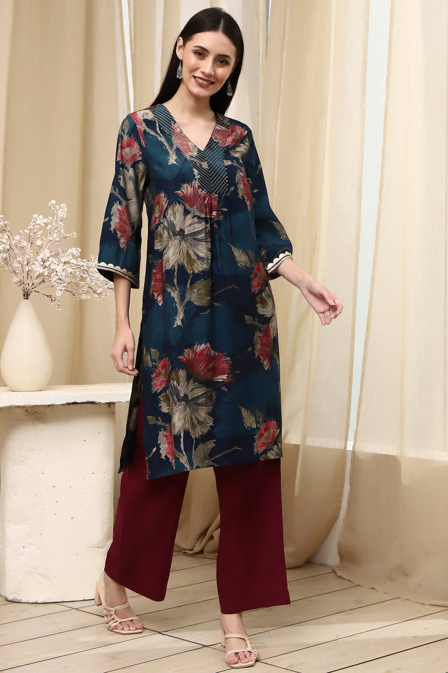 Navy Blue Floral Printed Straight Kurta - image 5