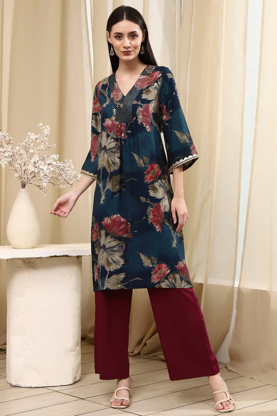 Navy Blue Floral Printed Straight Kurta - image 6