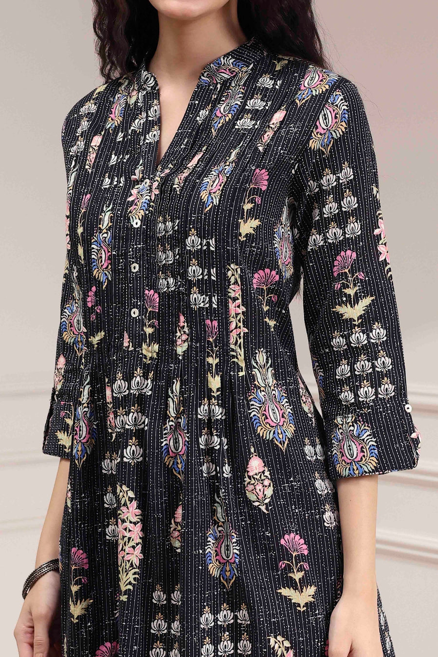 Black Cotton Printed A-Line Kurta - image 2
