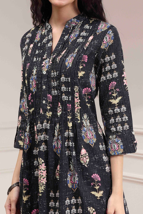 Black Cotton Printed A-Line Kurta - image 2