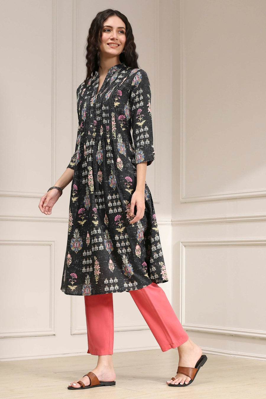 Black Cotton Printed A-Line Kurta - image 3