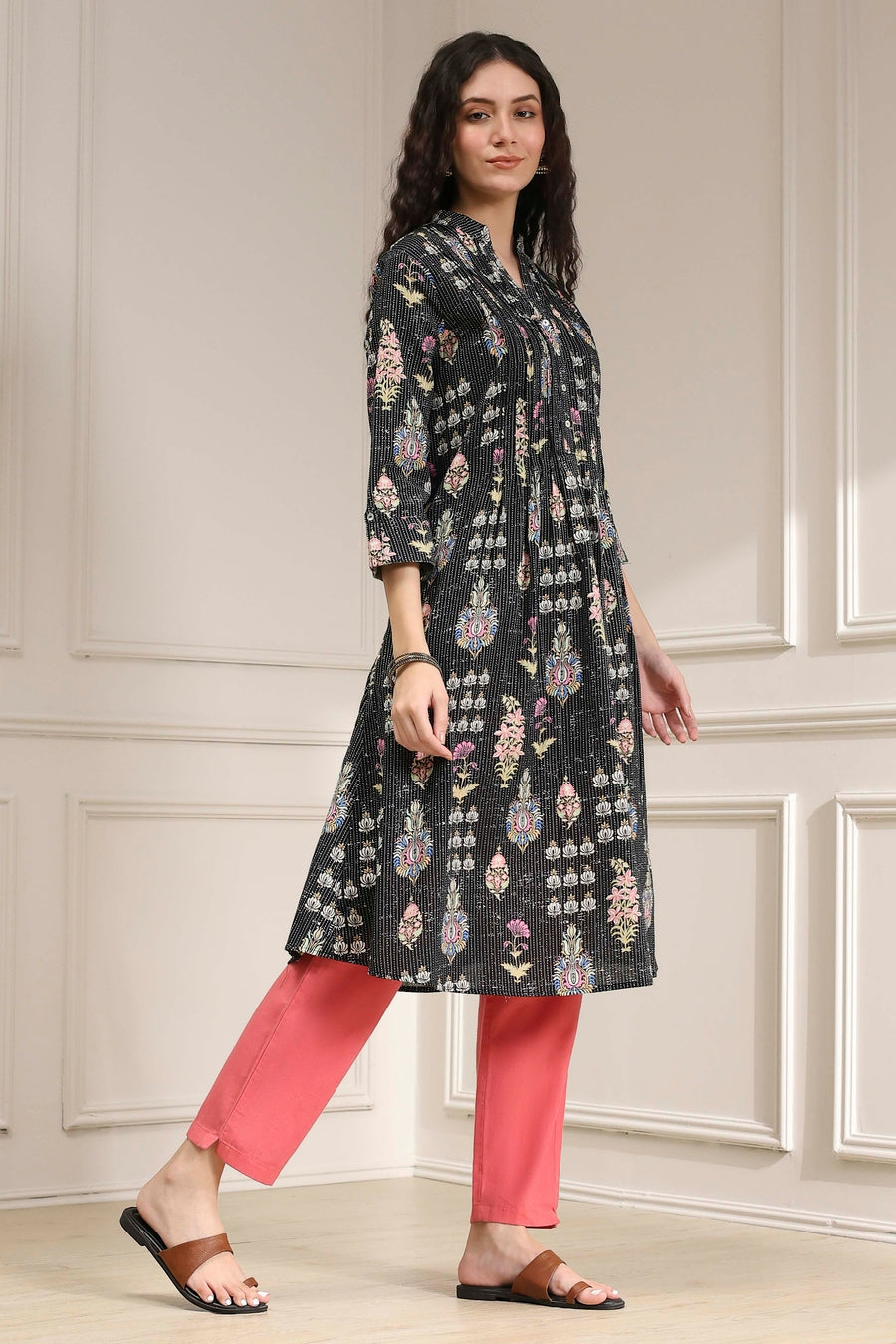 Black Cotton Printed A-Line Kurta - image 5