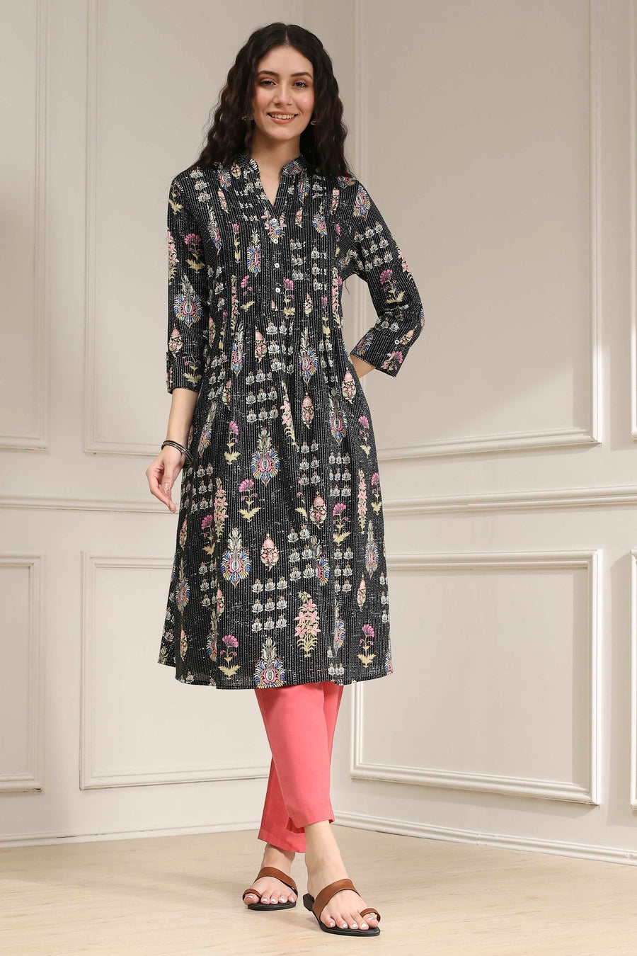 Black Cotton Printed A-Line Kurta - image 6