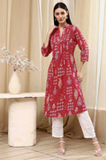 Pink Cotton Printed A-Line Kurta