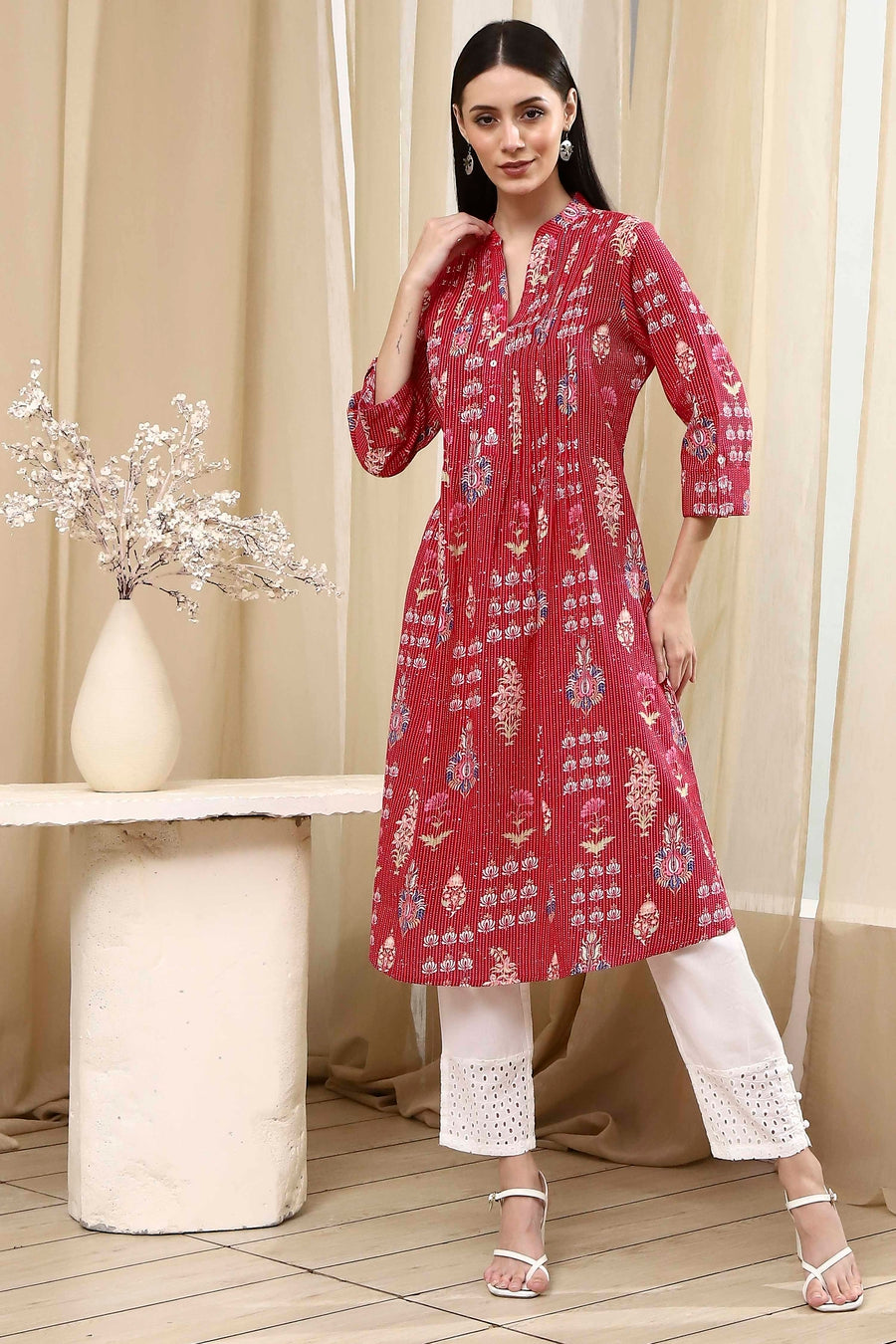 Pink Cotton Printed A-Line Kurta