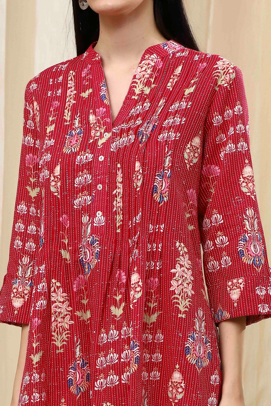 Pink Cotton Printed A-Line Kurta - image 2