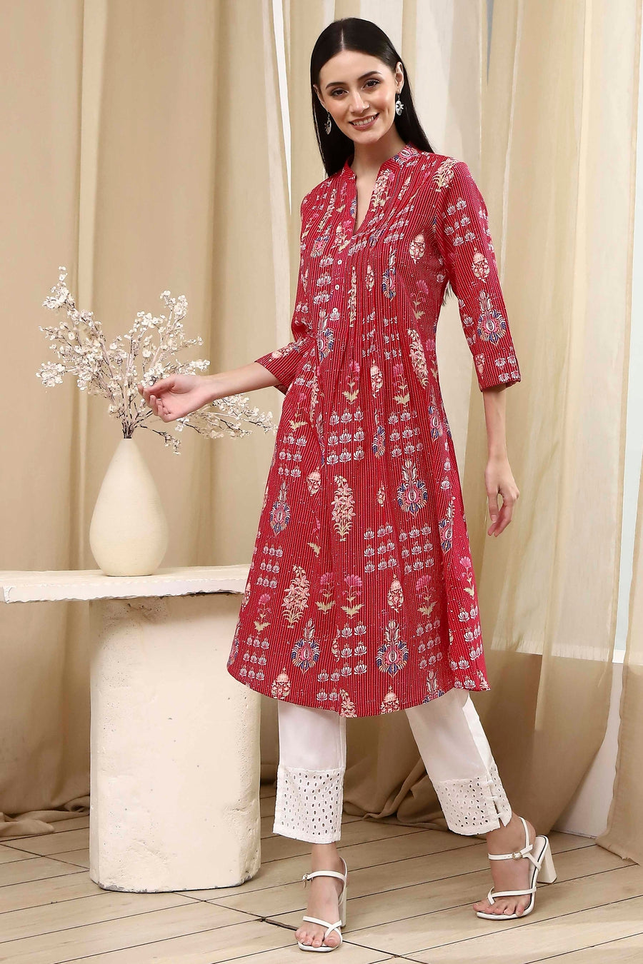 Pink Cotton Printed A-Line Kurta - image 3