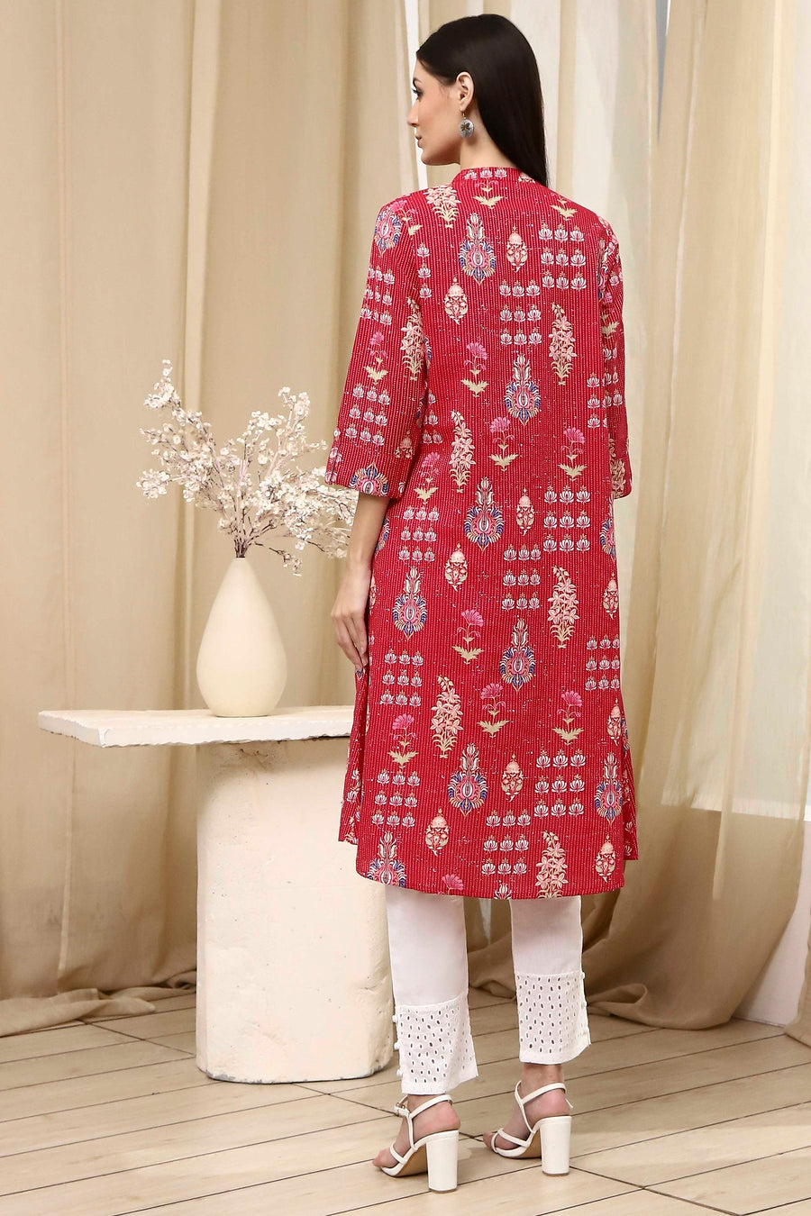 Pink Cotton Printed A-Line Kurta - image 4