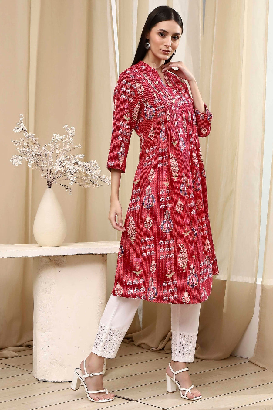Pink Cotton Printed A-Line Kurta - image 5