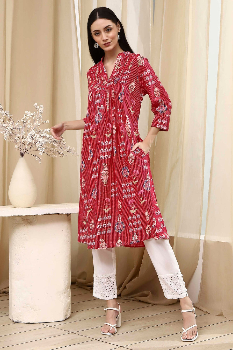 Pink Cotton Printed A-Line Kurta - image 6