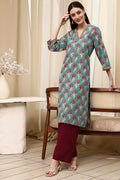 Teal Cotton Printed Straight Kurta