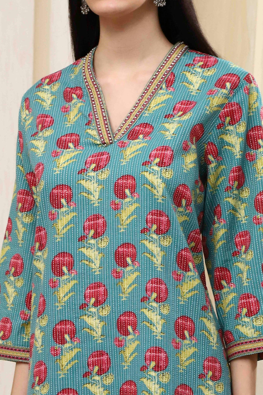 Teal Cotton Printed Straight Kurta - image 2