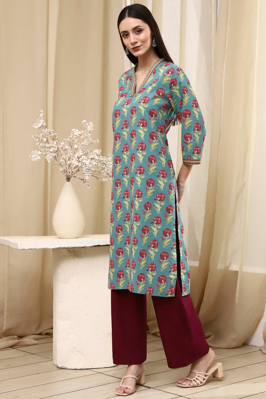 Teal Cotton Printed Straight Kurta - image 3