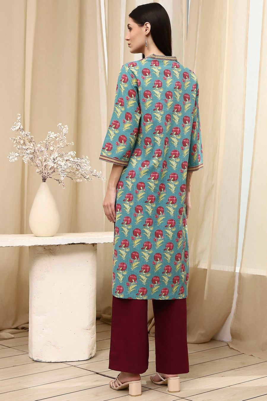 Teal Cotton Printed Straight Kurta - image 4