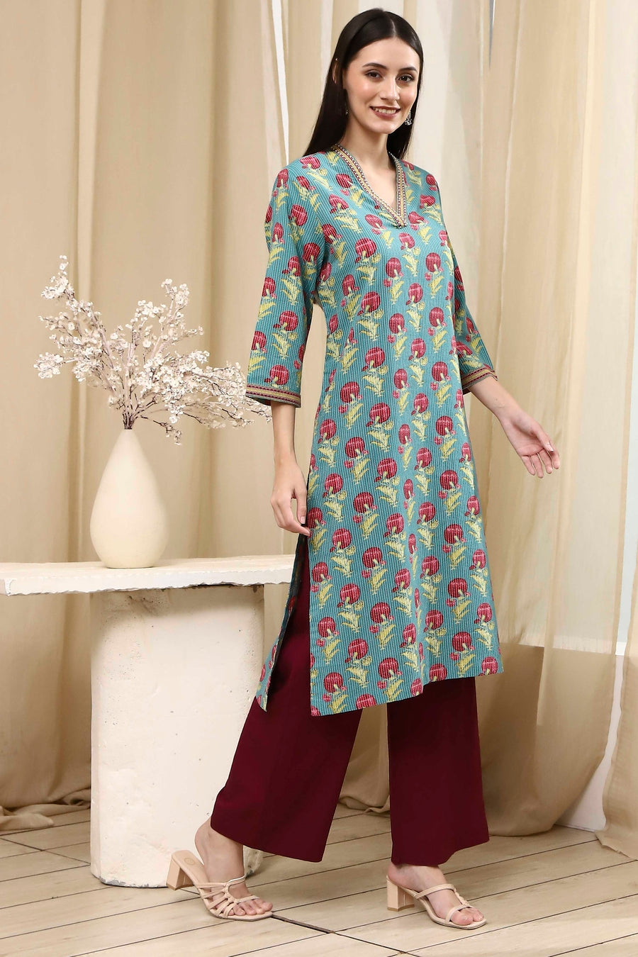 Teal Cotton Printed Straight Kurta - image 5