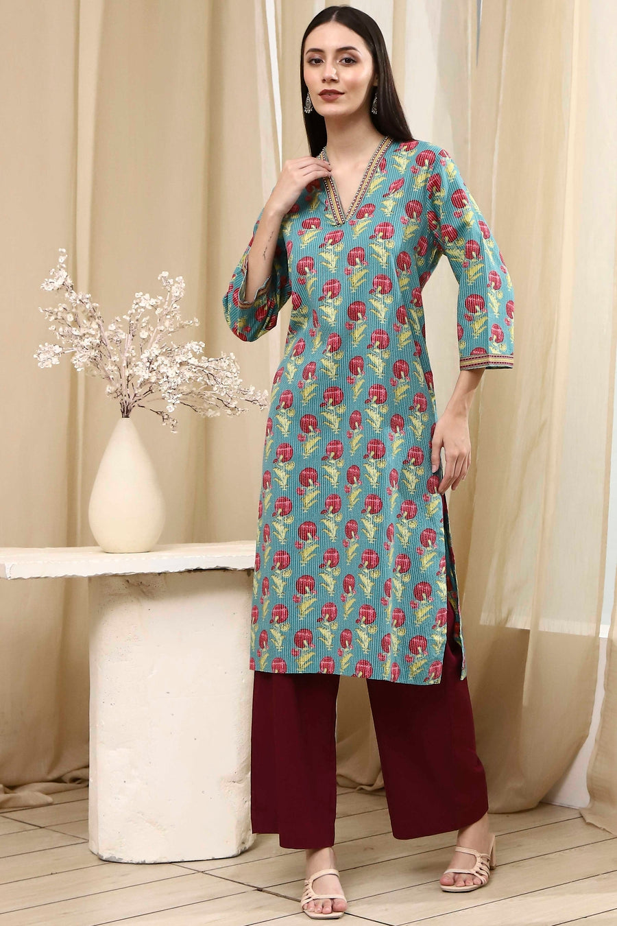 Teal Cotton Printed Straight Kurta - image 6