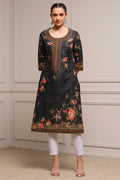 Black Cotton Floral Printed Straight Kurta