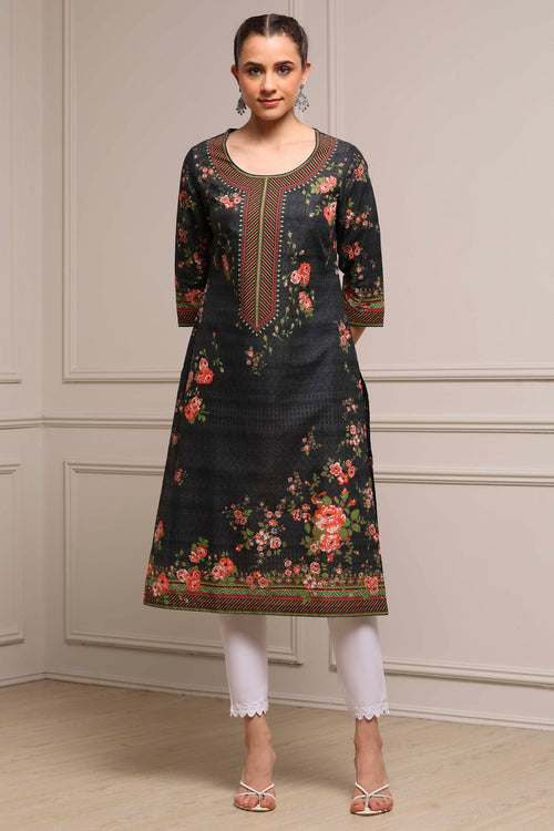 Black Cotton Floral Printed Straight Kurta