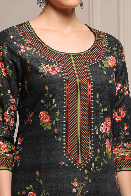 Black Cotton Floral Printed Straight Kurta - image 2