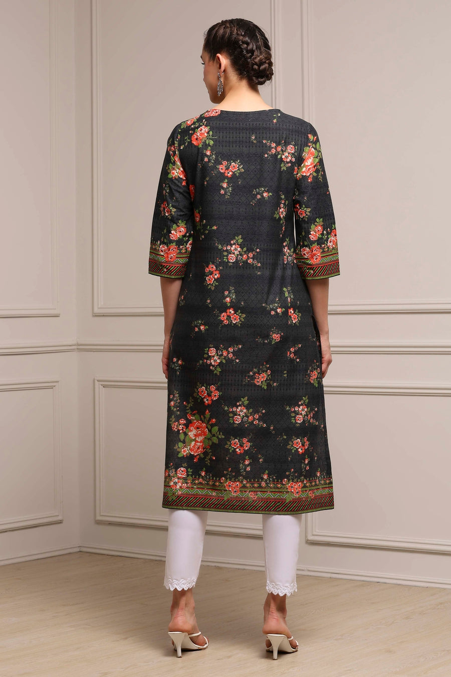 Black Cotton Floral Printed Straight Kurta - image 4