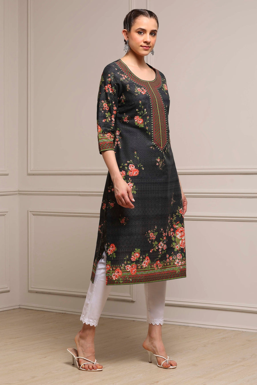 Black Cotton Floral Printed Straight Kurta - image 5