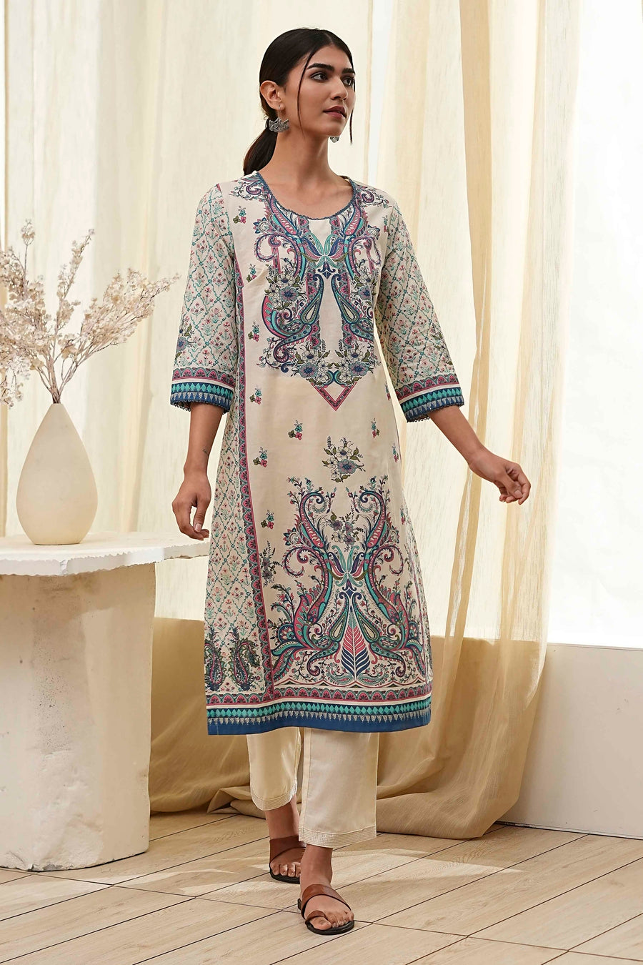 Blue Pure Cotton Printed Straight Kurta