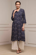 Indigo Blue Viscose Rayon Printed Straight Kurta